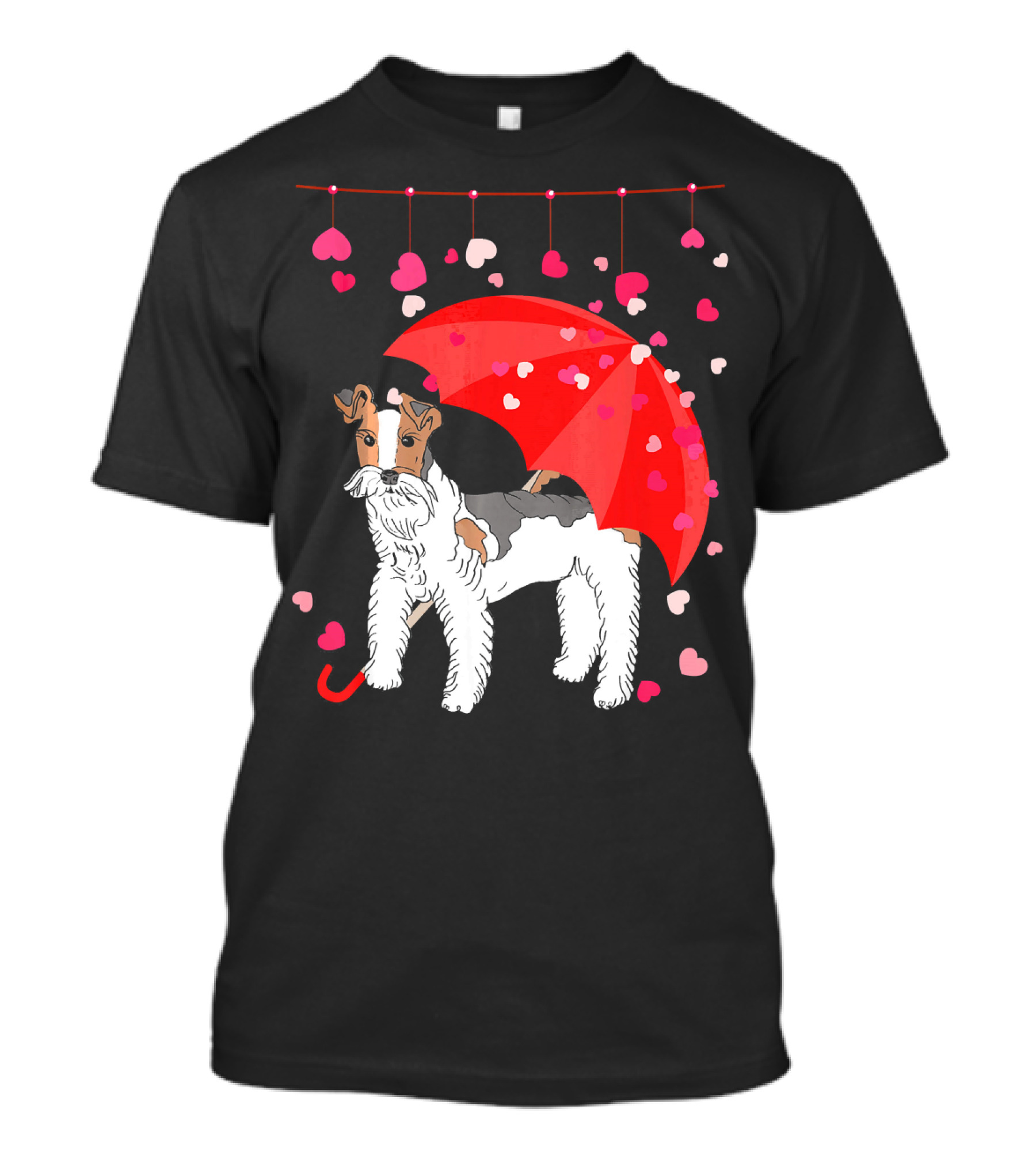 Fox Terrier With Red Umbrella And Falling Hearts Valentines T-Shirt