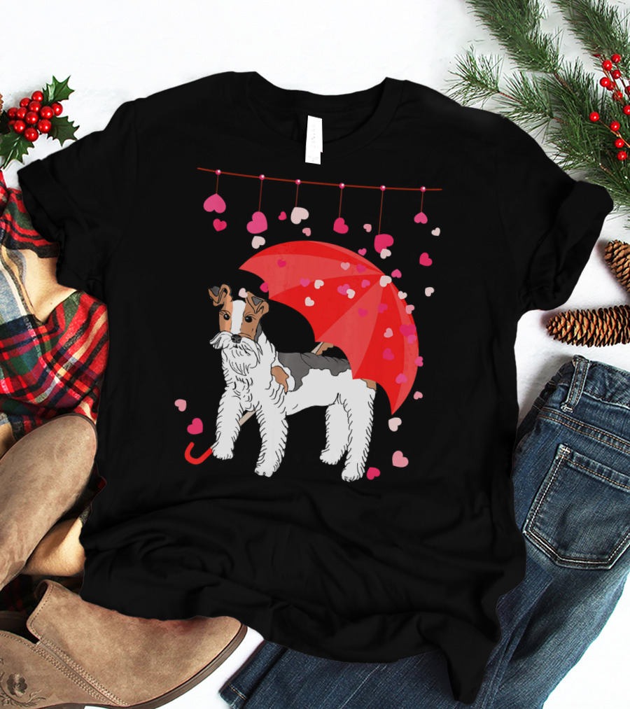 Fox Terrier With Red Umbrella And Falling Hearts Valentines T-Shirt