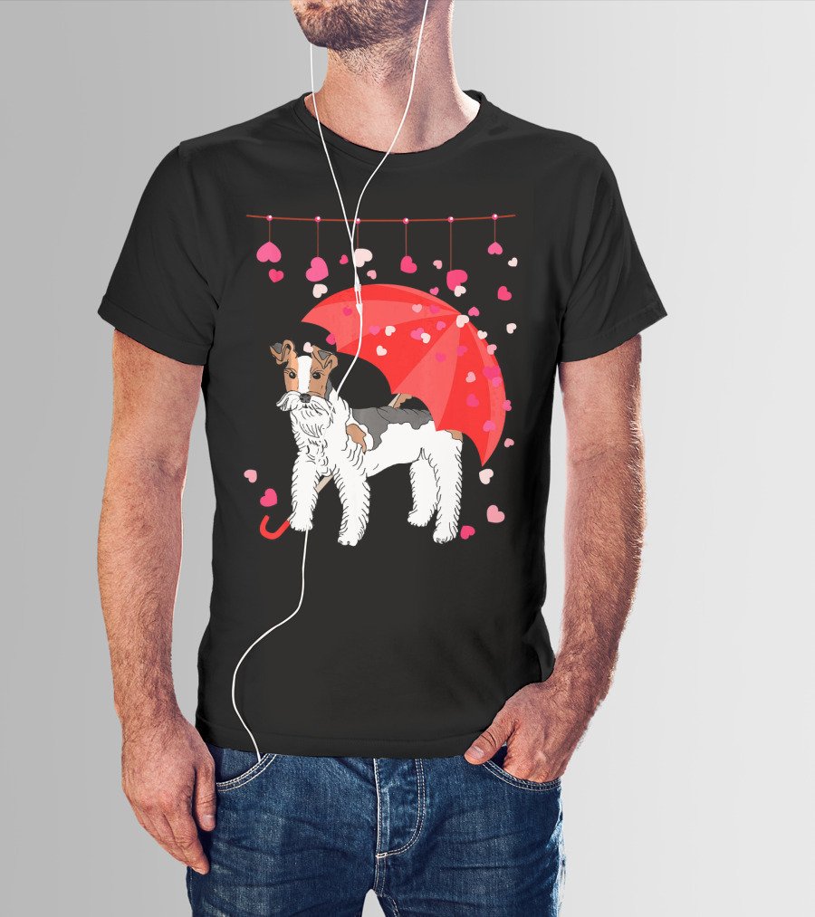 Fox Terrier With Red Umbrella And Falling Hearts Valentines T-Shirt
