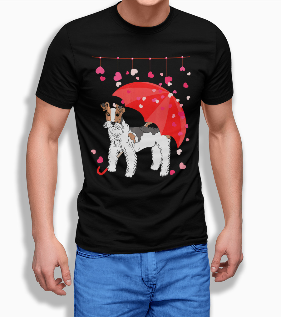 Fox Terrier With Red Umbrella And Falling Hearts Valentines T-Shirt