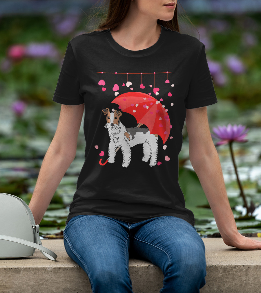 Fox Terrier With Red Umbrella And Falling Hearts Valentines T-Shirt