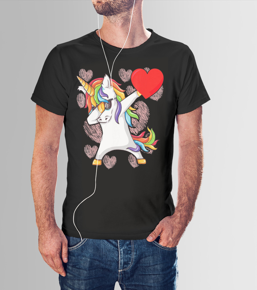 Funny Dabbing Unicorn Holding Heart Valentines T-Shirt