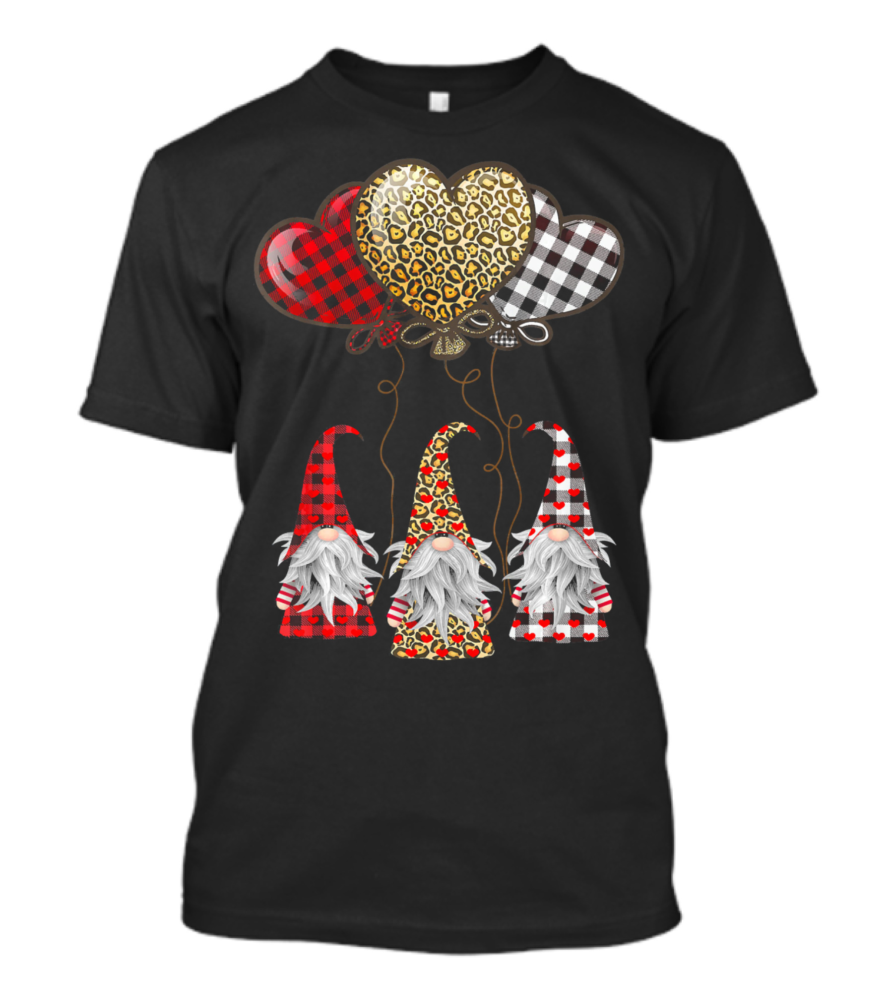 Gnomes Holding Heart Balloons With Buffalo Plaid And Leopard Print T-Shirt