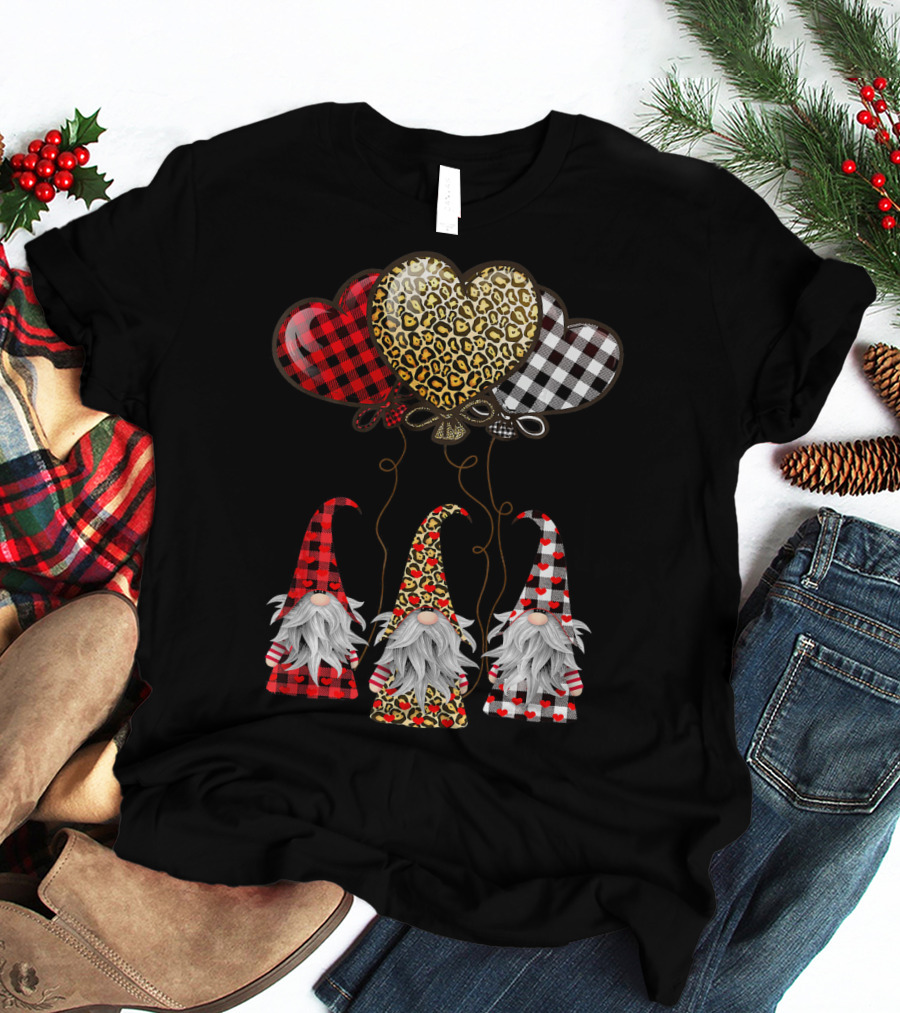 Gnomes Holding Heart Balloons With Buffalo Plaid And Leopard Print T-Shirt