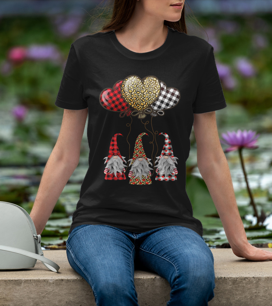 Gnomes Holding Heart Balloons With Buffalo Plaid And Leopard Print T-Shirt
