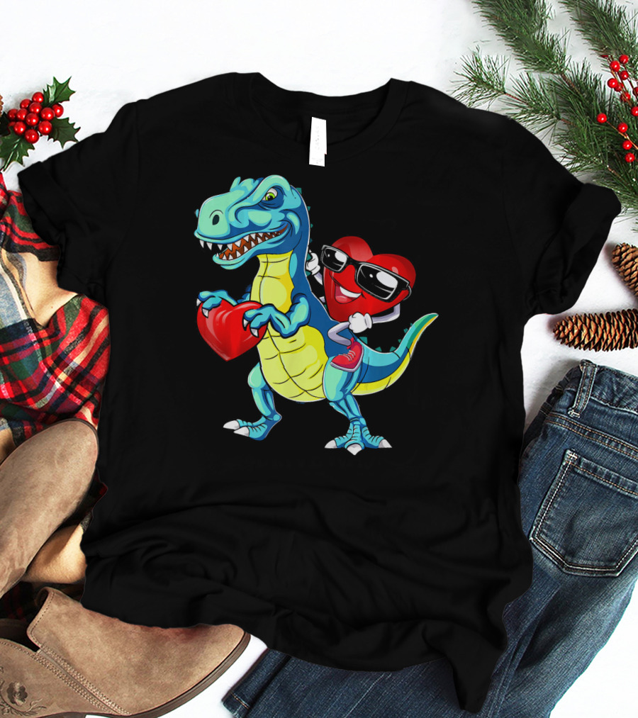 Valentine Heart With Sunglasses Riding Dinosaur With Heart T-Shirt