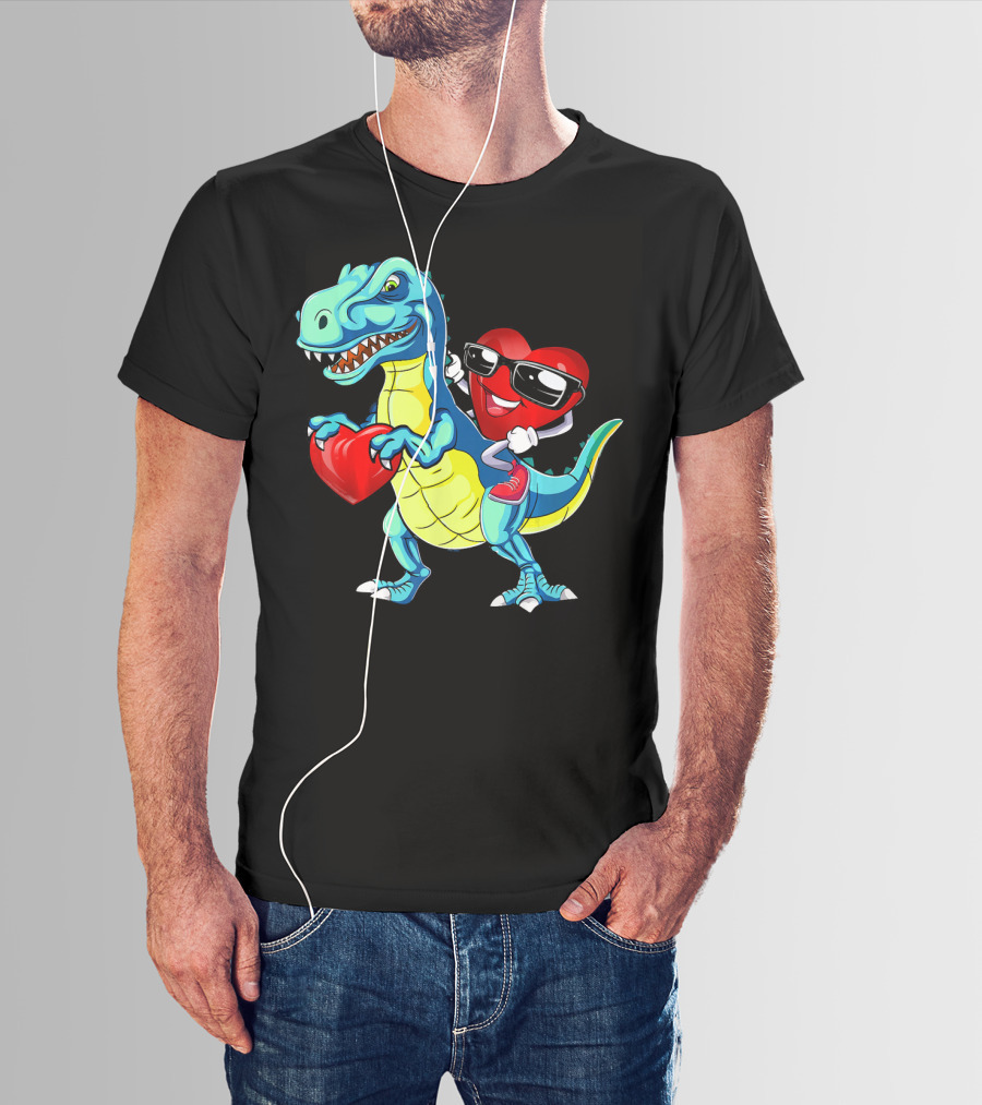 Valentine Heart With Sunglasses Riding Dinosaur With Heart T-Shirt