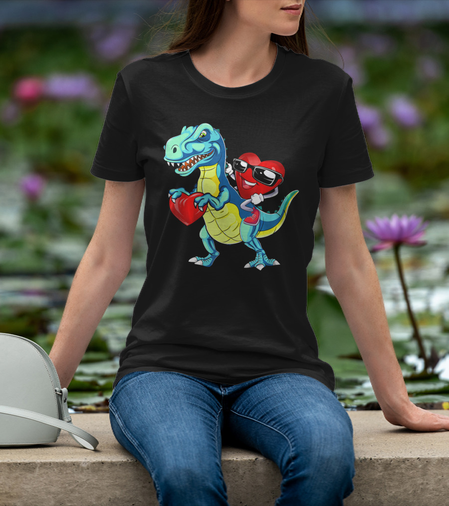 Valentine Heart With Sunglasses Riding Dinosaur With Heart T-Shirt