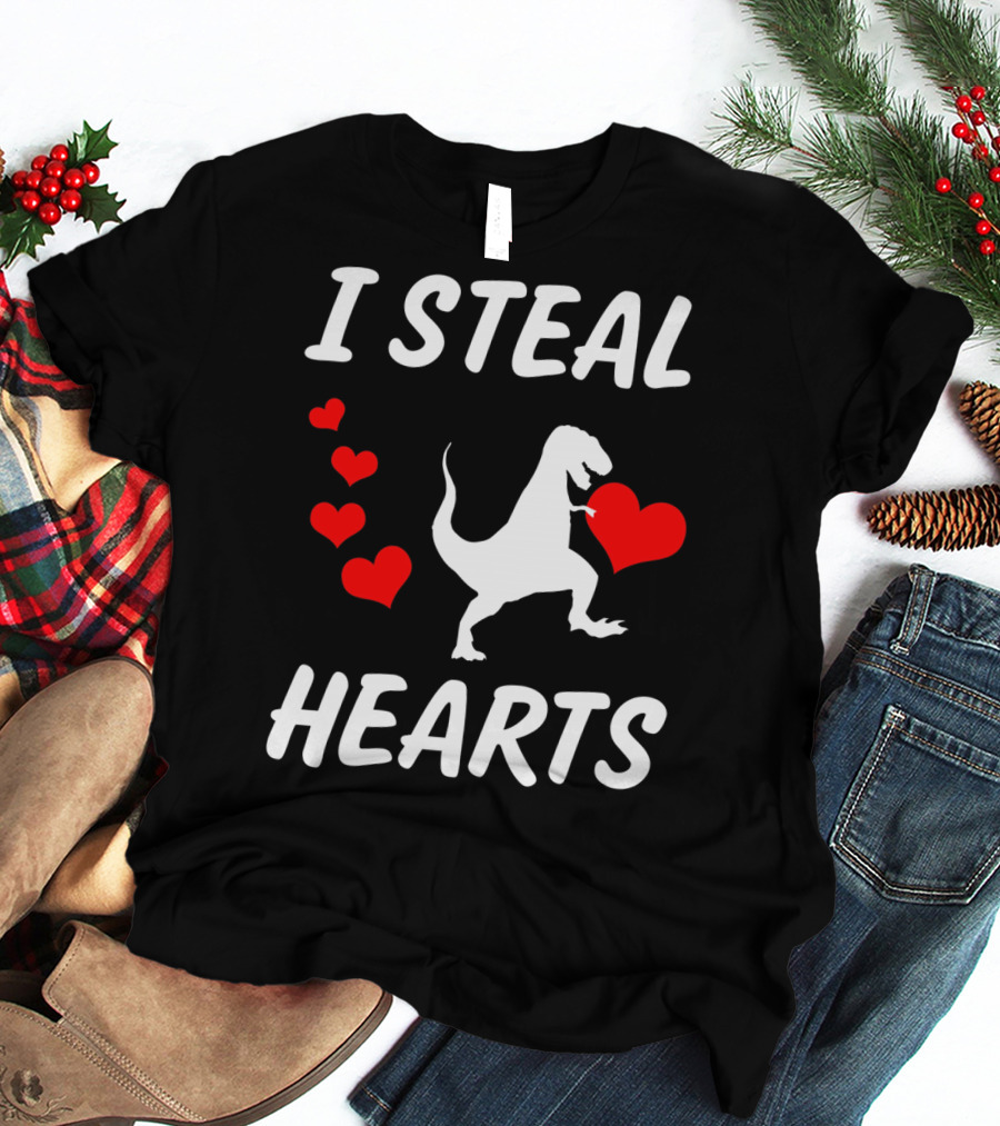 I Steal Hearts Funny Boys Dinosaur Valentine Kids T-Shirt