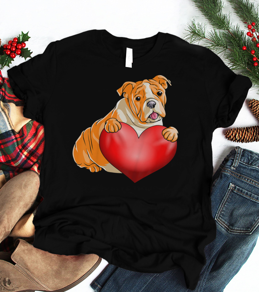 Kids Valentines Day Bulldog Heart Dog T-Shirt