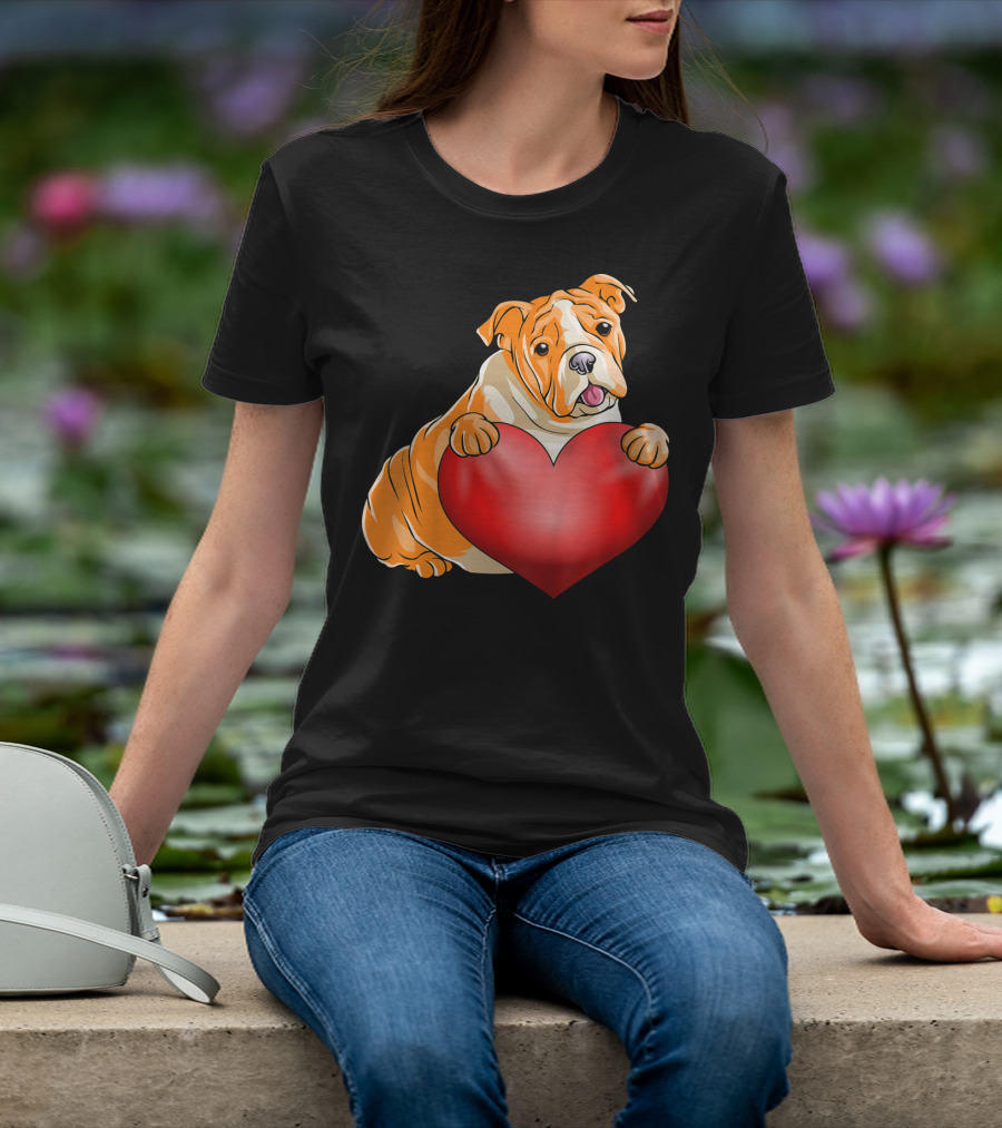 Kids Valentines Day Bulldog Heart Dog T-Shirt