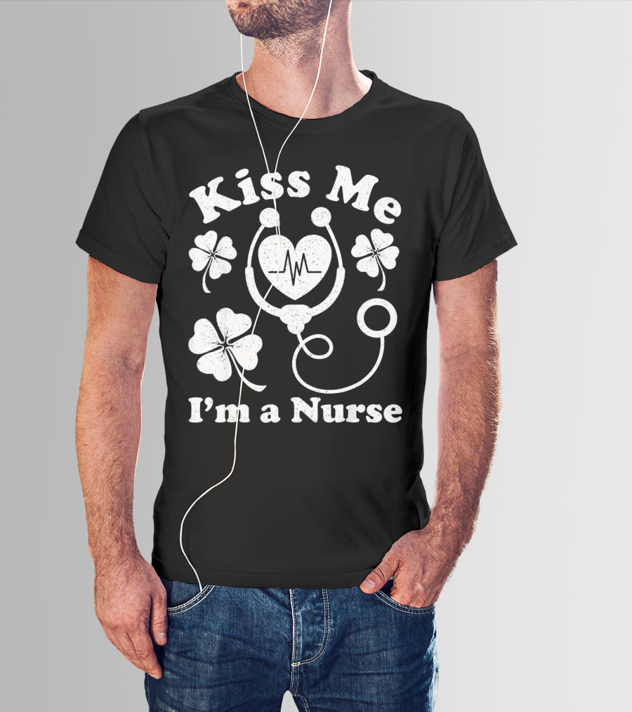 Kiss Me I'm A Nurse Stethoscope Heartbeat Shamrocks T-Shirt