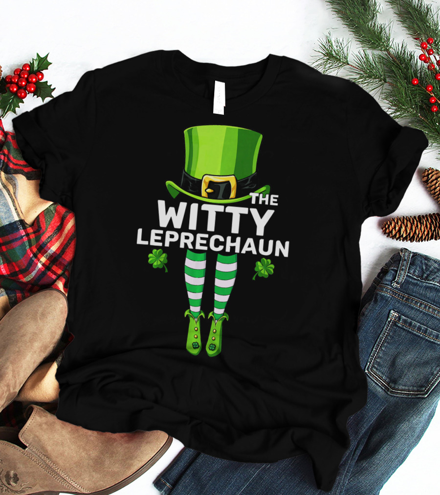 The Witty Leprechaun Green Hat Striped Socks Clover Charm T-Shirt