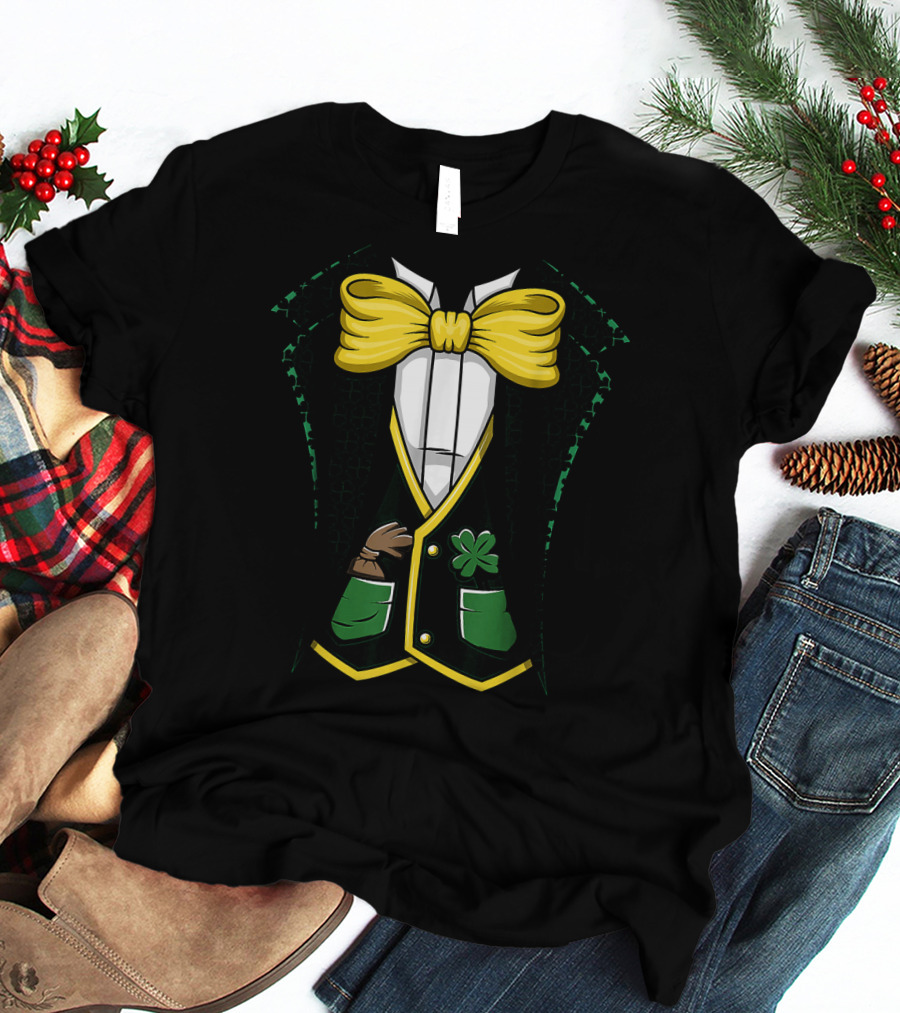 Leprechaun Costume Green Suit With Yellow Bow Tie And Shamrock Details T-Shirt