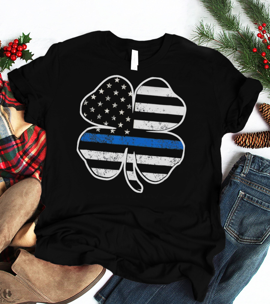 Police Flag Thin Blue Line Shamrock T-Shirt