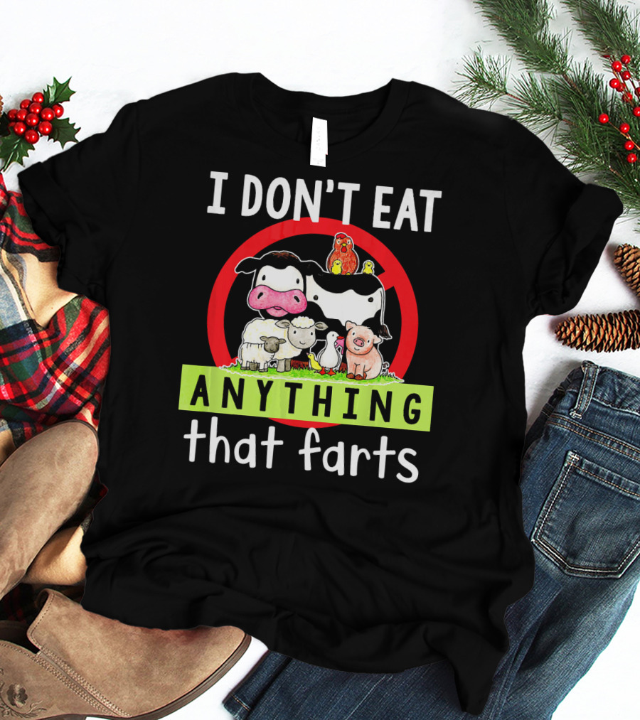I Don't Eat Anything That Farts Vegetaria Cow Sheep Pig Chicken Cartoon T-Shirt