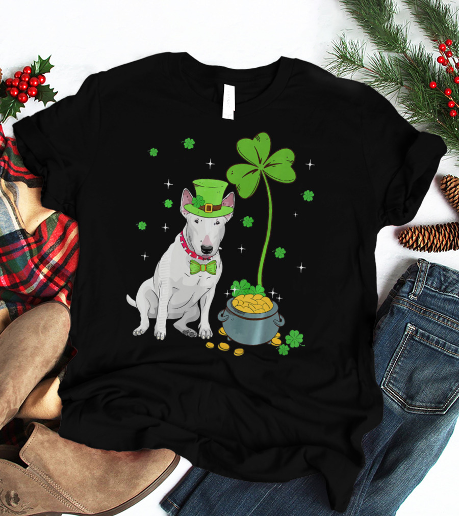 Shamrock Leprechaun Bull Terrier Pot Of Gold And Clover T-Shirt
