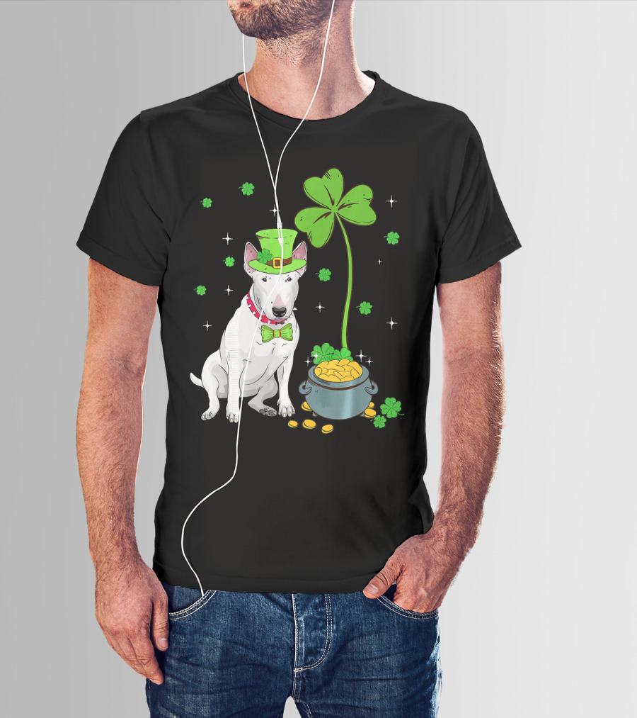 Shamrock Leprechaun Bull Terrier Pot Of Gold And Clover T-Shirt