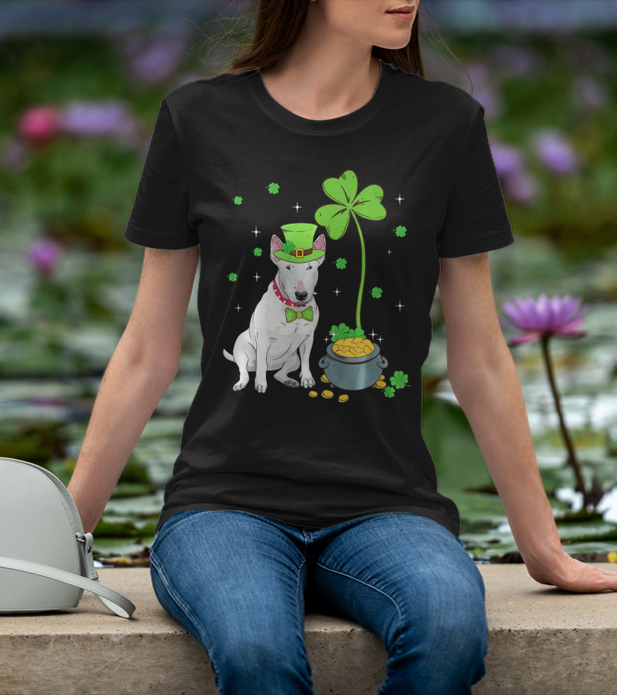 Shamrock Leprechaun Bull Terrier Pot Of Gold And Clover T-Shirt