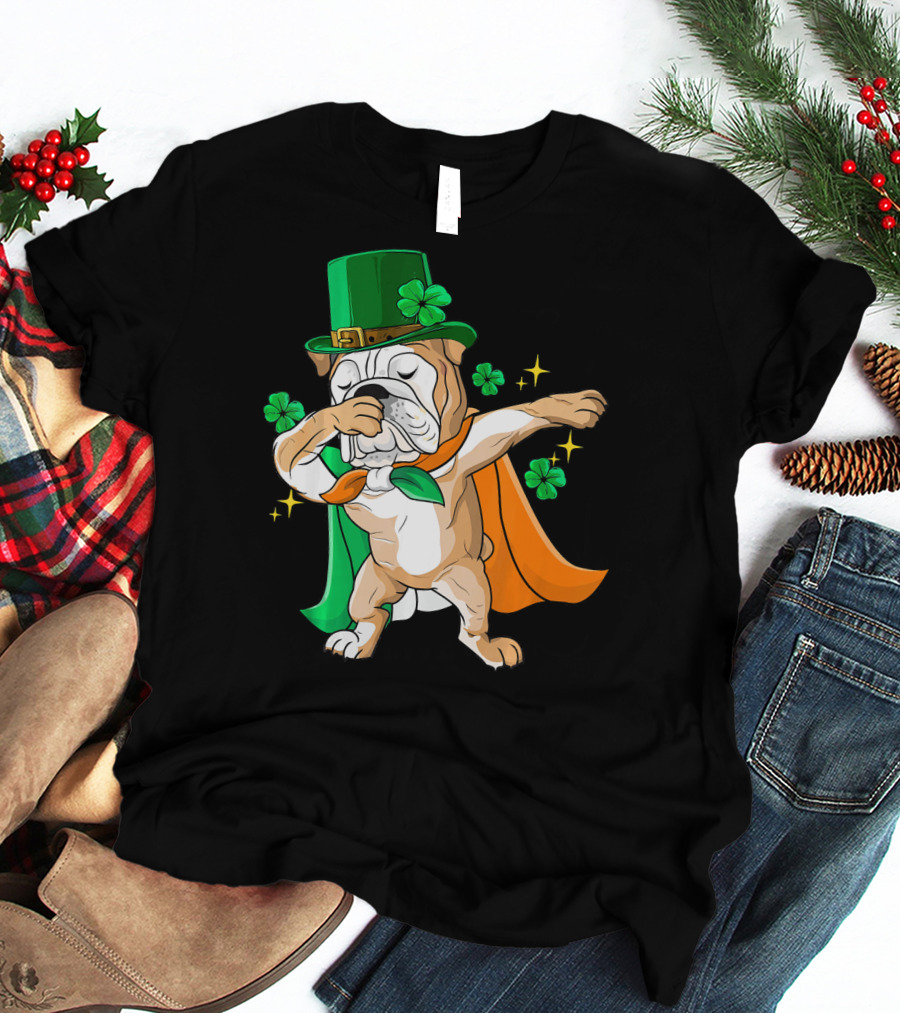 Irish Bulldog Dabbing Leprechaun With Shamrocks T-Shirt