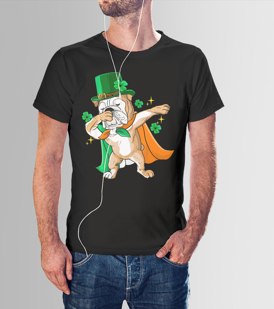 Irish Bulldog Dabbing Leprechaun With Shamrocks T-Shirt