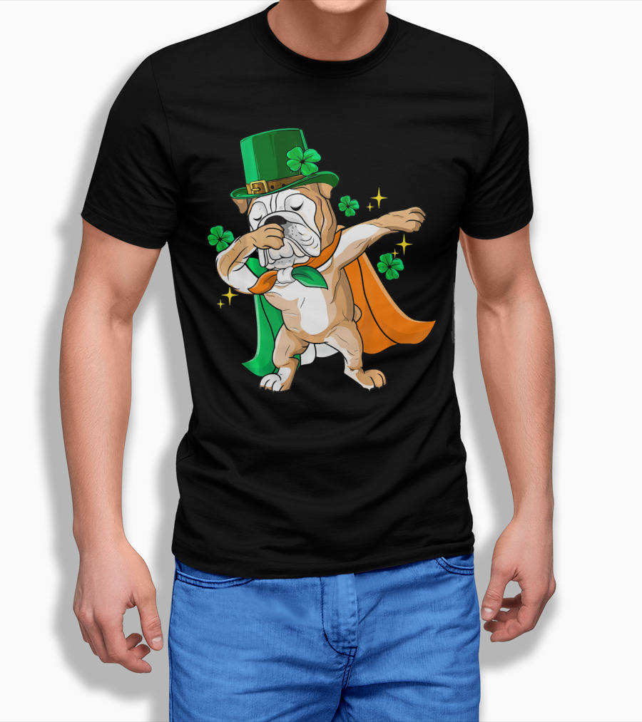 Irish Bulldog Dabbing Leprechaun With Shamrocks T-Shirt