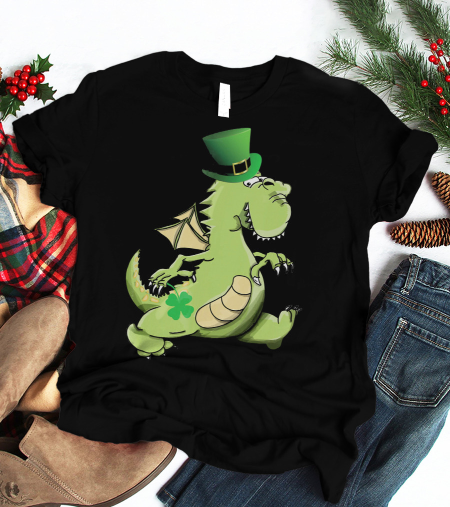 St Patrick's Day Dragon Wearing Leprechaun Hat With Shamrock T-Shirt
