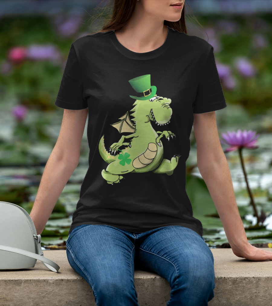 St Patrick's Day Dragon Wearing Leprechaun Hat With Shamrock T-Shirt
