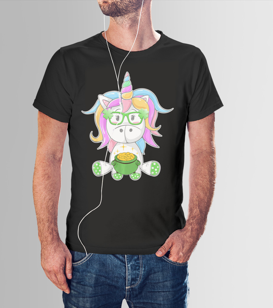 Unicorn Face Saint Patricks Day Shamrock Glasses Pot Of Gold T-Shirt