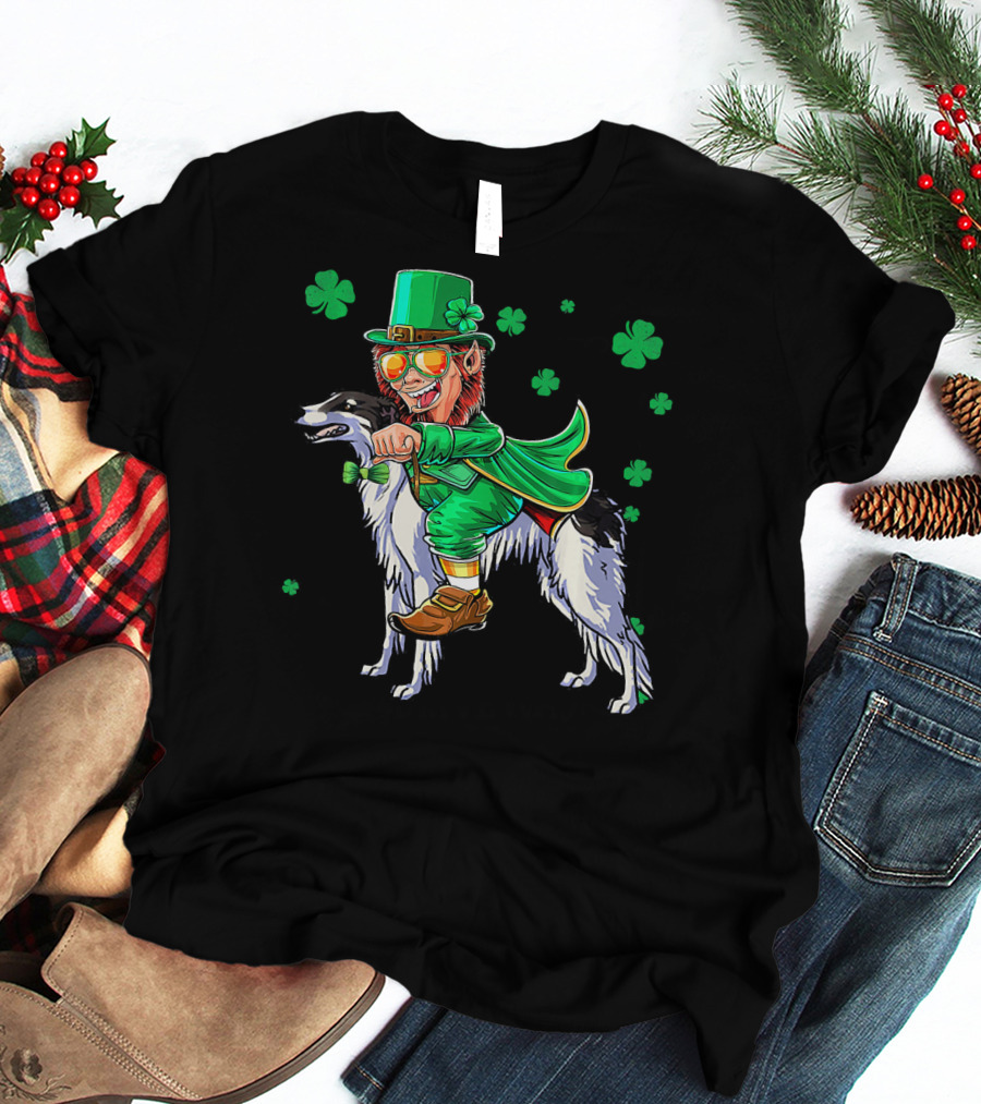 Leprechaun Riding Borzoi With Shamrocks St. Patrick's Day T-Shirt