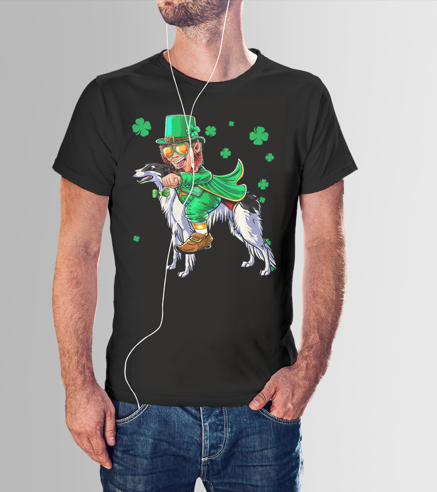 Leprechaun Riding Borzoi With Shamrocks St. Patrick's Day T-Shirt