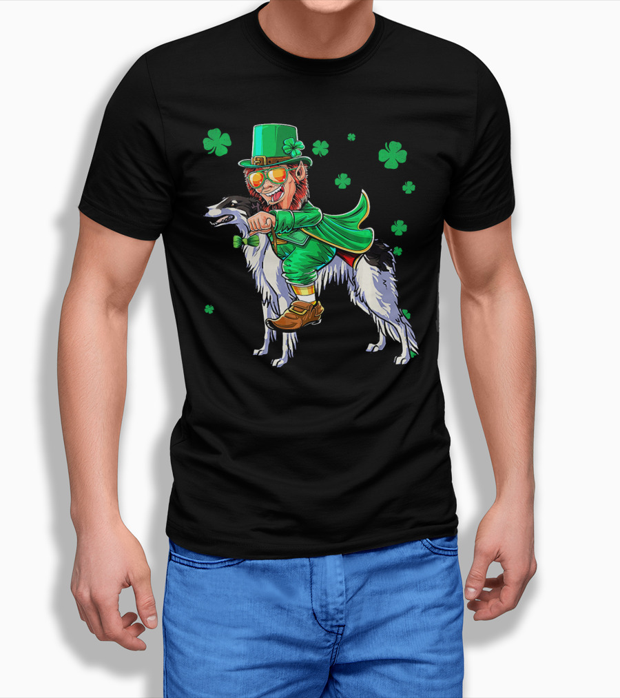 Leprechaun Riding Borzoi With Shamrocks St. Patrick's Day T-Shirt