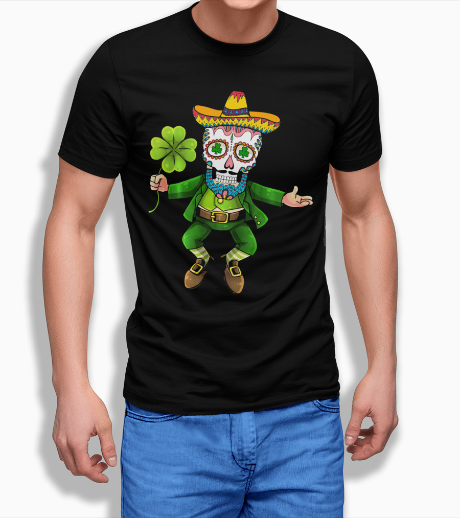 Cinco De Mayo Leprechaun Sugar Skull Sombrero and Shamrock T-Shirt
