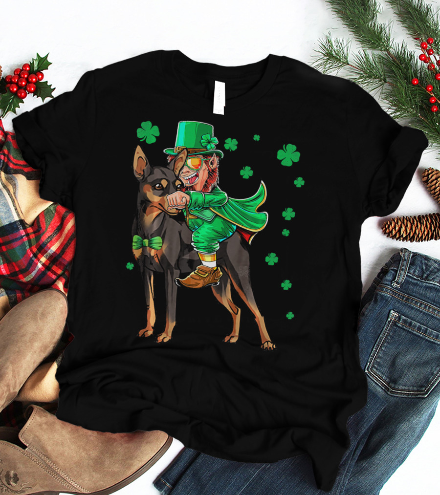 Leprechaun Miniature Pinscher Riding Shamrock Adventure T-Shirt