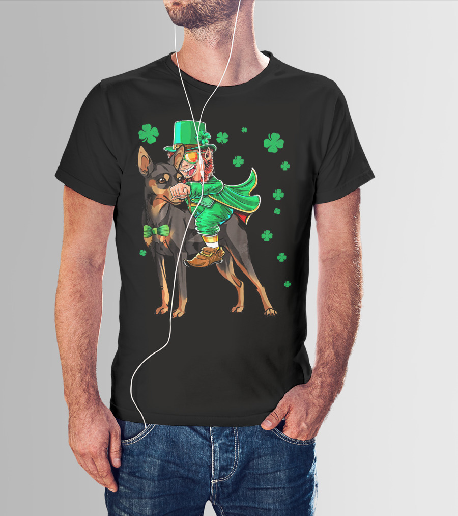 Leprechaun Miniature Pinscher Riding Shamrock Adventure T-Shirt