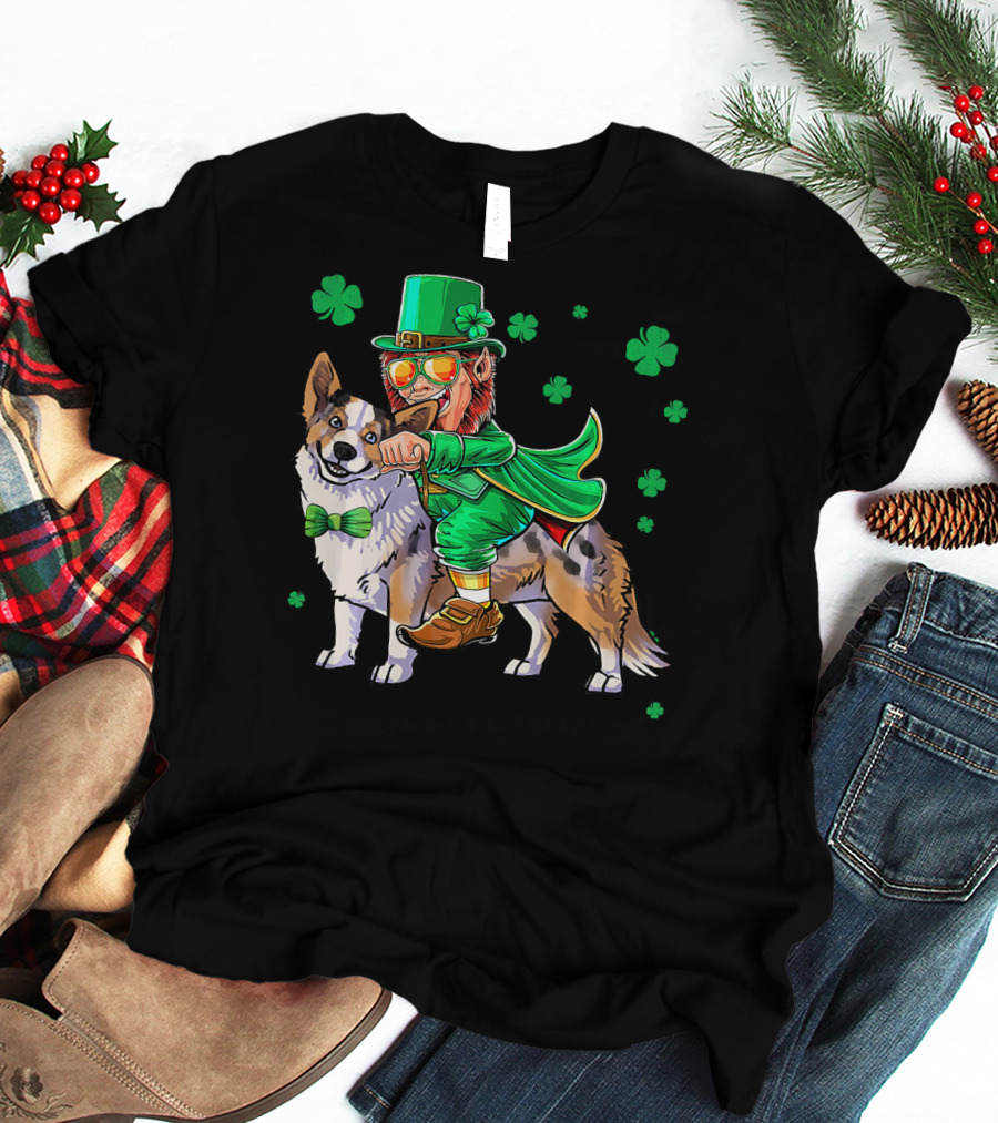 Leprechaun Riding Cardigan Welsh Corgi With Shamrocks T-Shirt