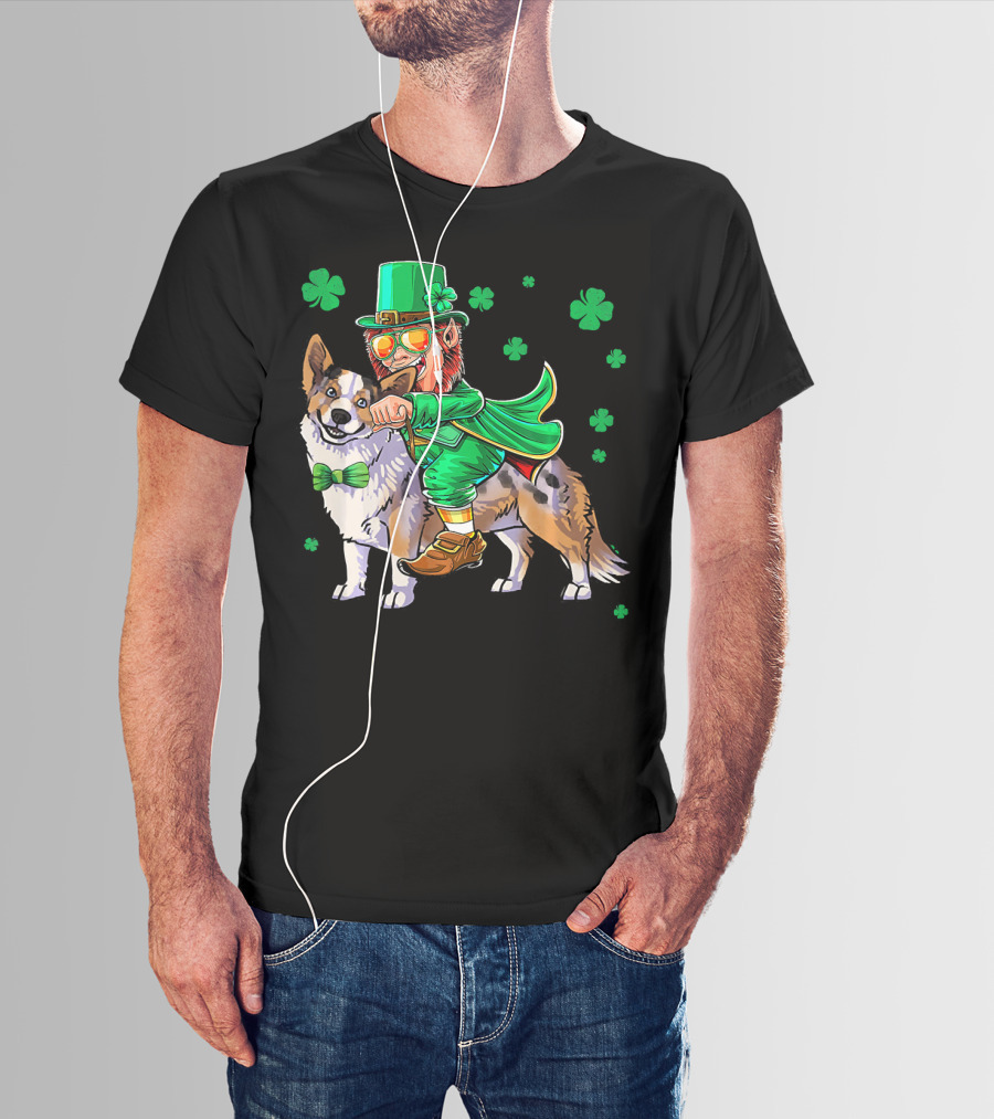 Leprechaun Riding Cardigan Welsh Corgi With Shamrocks T-Shirt