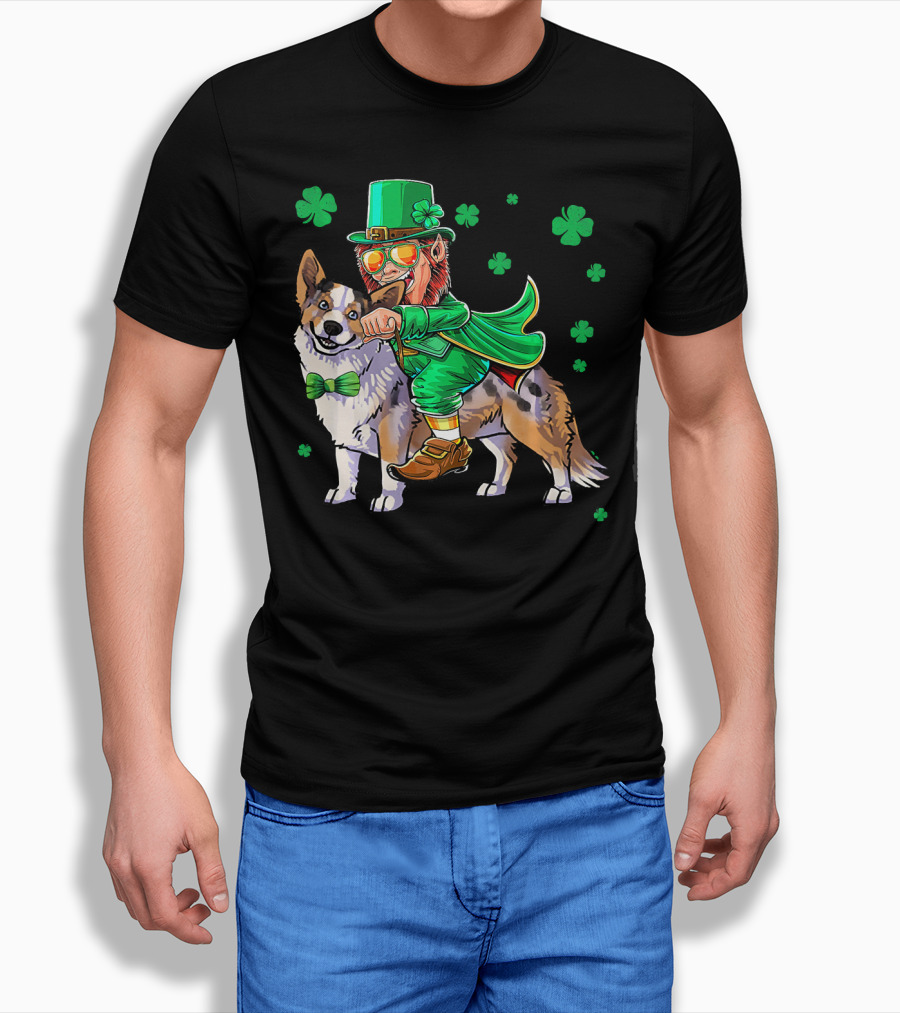 Leprechaun Riding Cardigan Welsh Corgi With Shamrocks T-Shirt