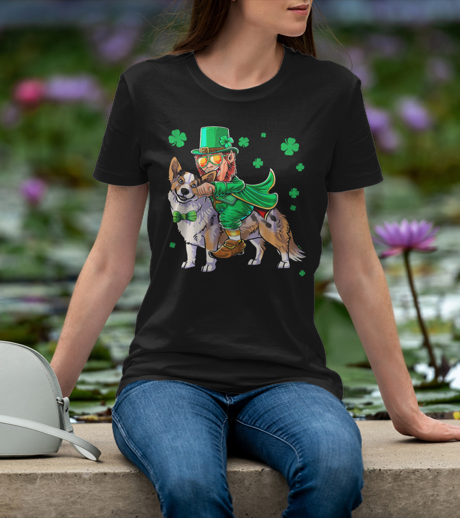Leprechaun Riding Cardigan Welsh Corgi With Shamrocks T-Shirt