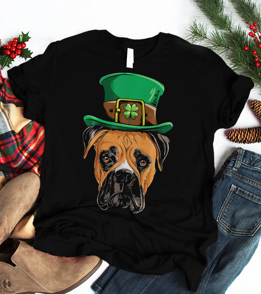 St. Patrick's Day Boxer Dog With Green Top Hat And Shamrock T-Shirt