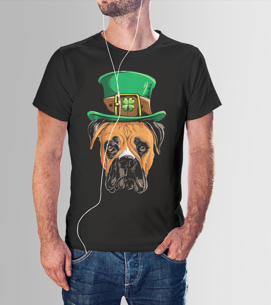 St. Patrick's Day Boxer Dog With Green Top Hat And Shamrock T-Shirt