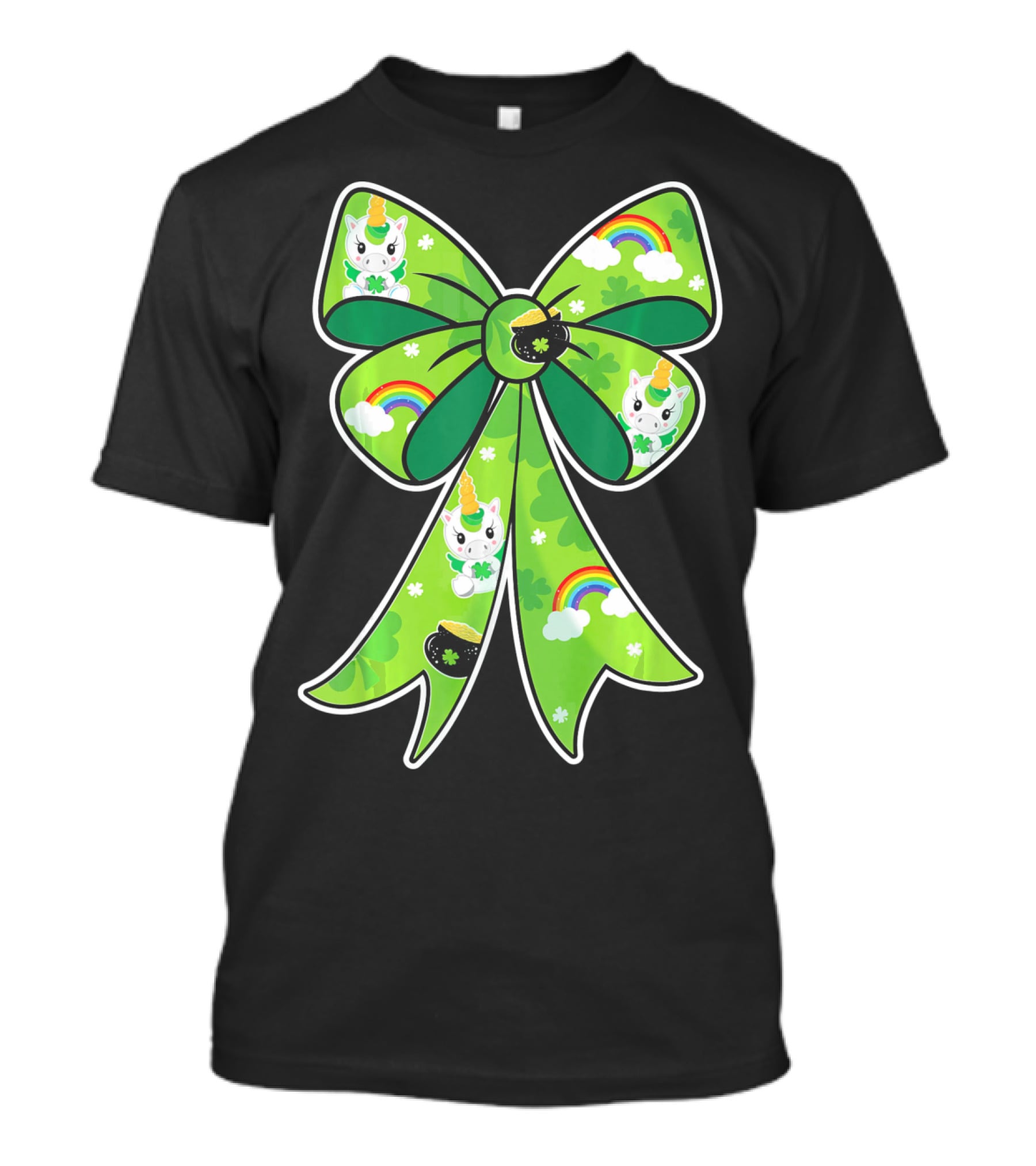 Girls St Patrick's Day Unicorn Bow With Rainbows And Shamrocks T-Shirt