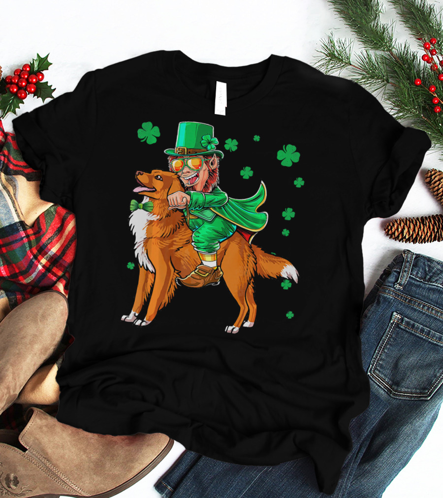 Leprechaun Riding Nova Scotia Duck Tolling Retriever With Shamrocks T-Shirt