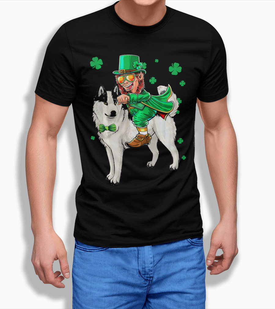 Leprechaun Riding Siberian Husky With Shamrock Bow Tie And Clover Background T-Shirt