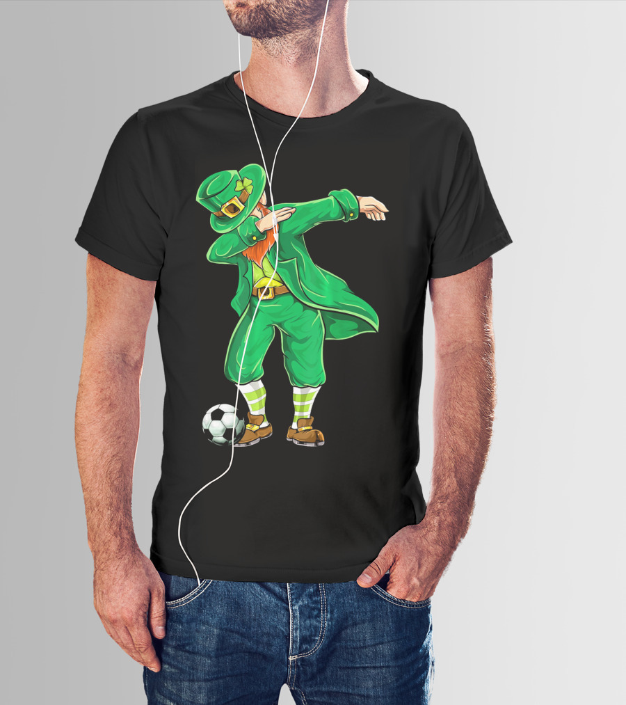 Dabbing Leprechaun Irish Soccer With Football And Shamrock Hat T-Shirt