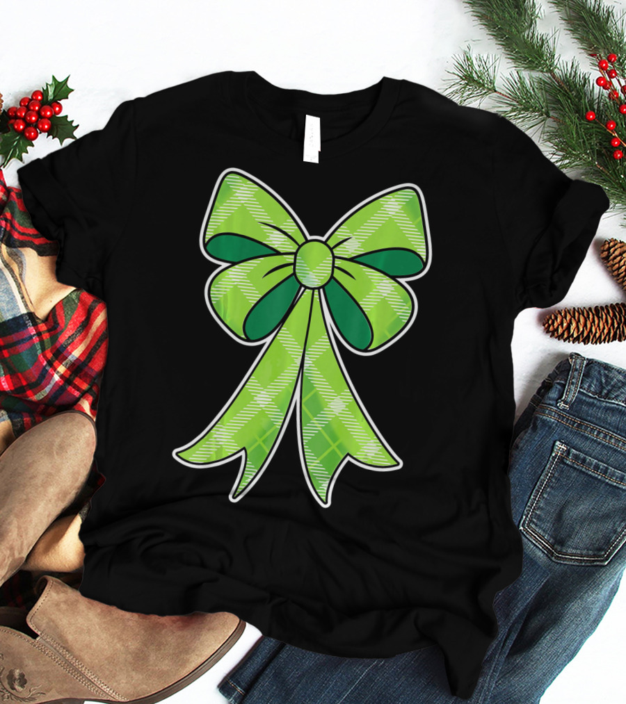 Girls St Patricks Day Green Plaid Bow T-Shirt
