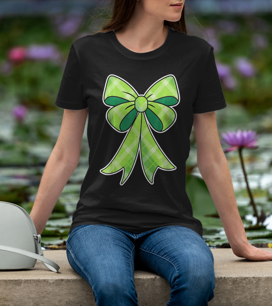Girls St Patricks Day Green Plaid Bow T-Shirt
