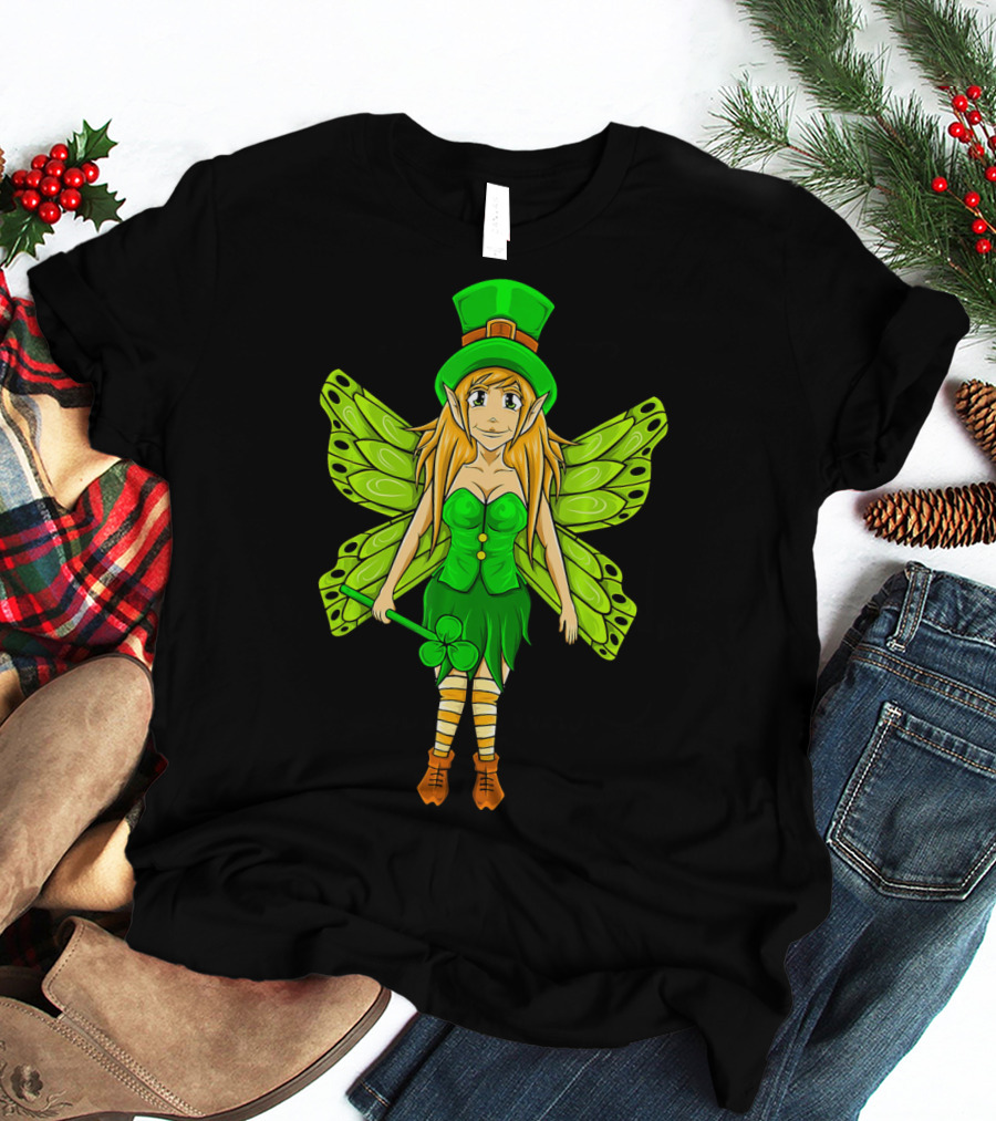 Funny St Patricks Day Leprechaun Fairy Girl With Green Wings And Clover Staff T-Shirt