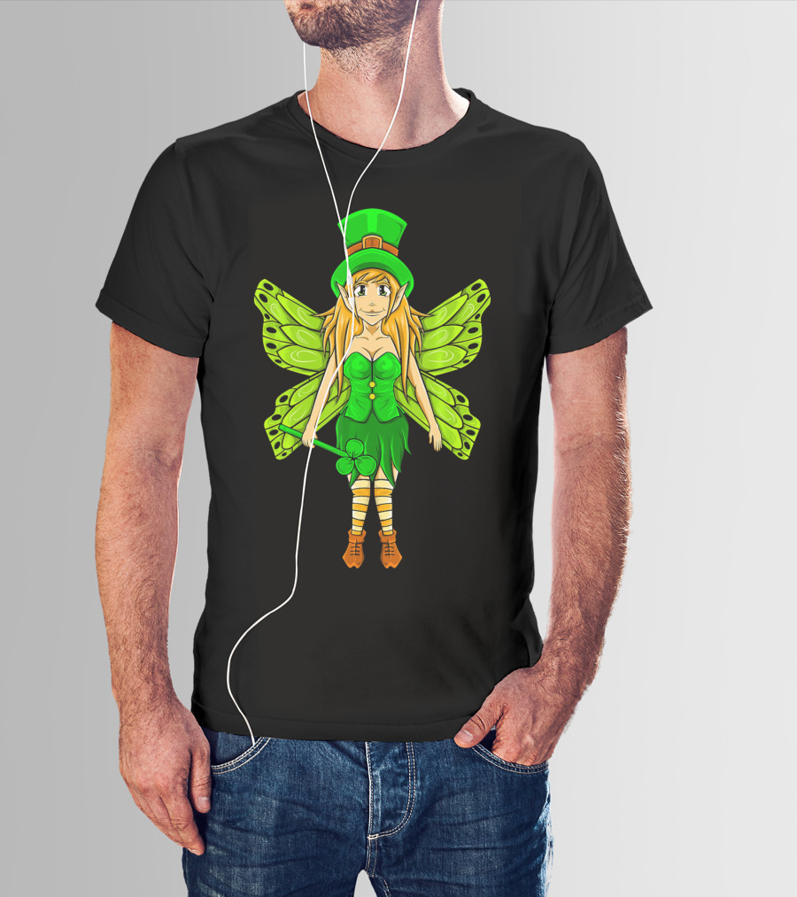 Funny St Patricks Day Leprechaun Fairy Girl With Green Wings And Clover Staff T-Shirt
