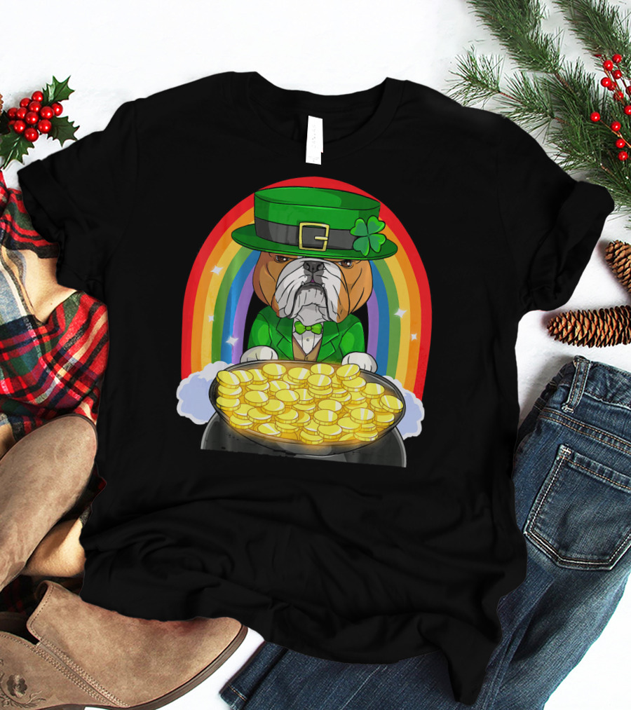 English Bulldog St Patricks Day Leprechaun Pot Of Gold Rainbow T-Shirt